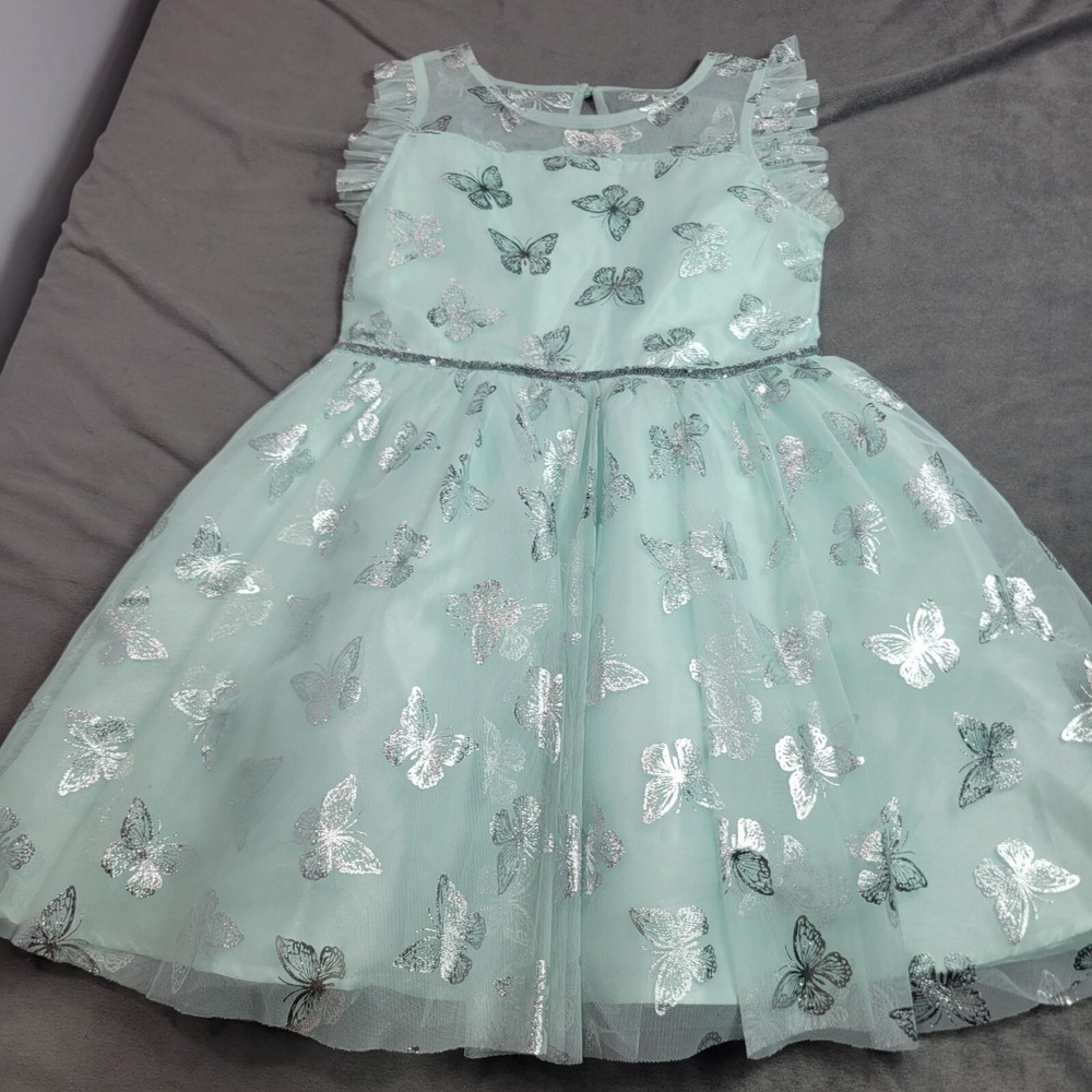 Girl Size 12 Mint Green Dress Formal Silver Butterfly Print Ruffled Sleeves